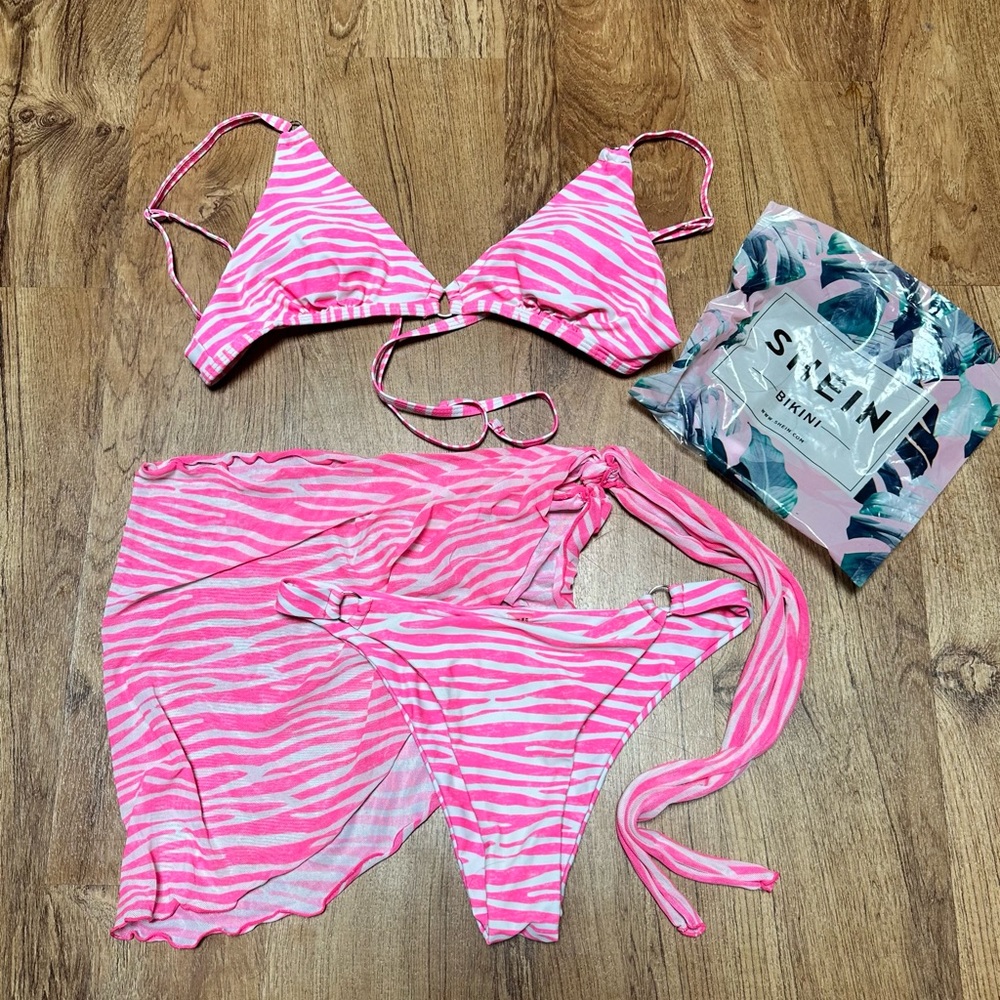 SHEIN Pink and White Zebra Bikini 3 Piece Set